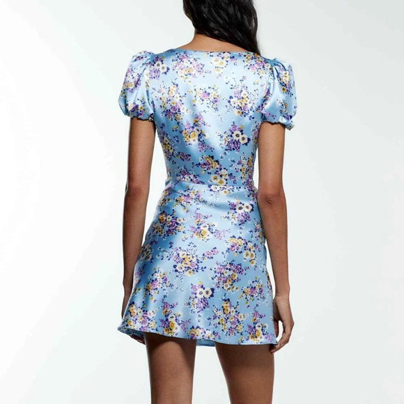 Zara Bustier Satin Effect Floral Mini Dress Puff Sleeve Sky Blue NWT Size Medium - Picture 7 of 13